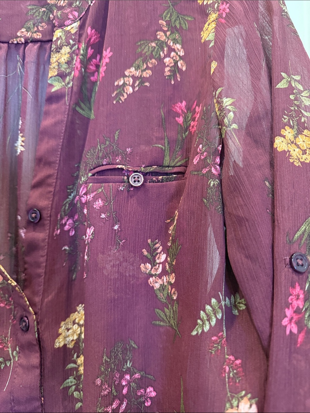Kut from the Kloth Burgundy Floral Sheer Button-Up Blouse - Picture 3 of 4